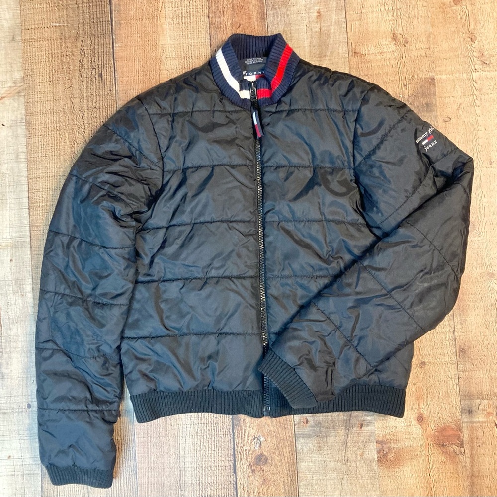 Tommy Girl Jeans Black Quilted Puffer Bomber Jacket Large Ribbed Collar‎ Zip Up